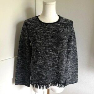 Theory Vendala T. Inlay Tweed Fringe Trim Sweater Jacket Small Black/White